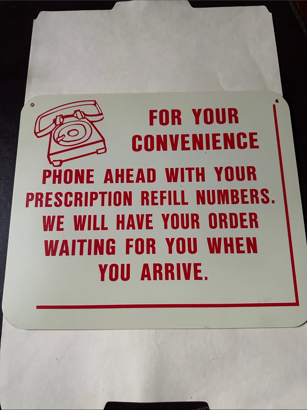 Vintage Red & Cream Pharmacy Sign - Phone Ahead Convenience